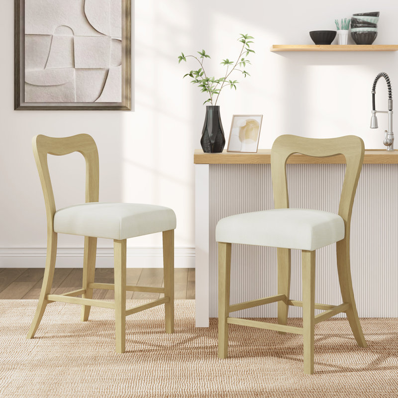 Coen 25.5" Seat Height Rubberwood Counter Stools With Curved Back, Beige Cushion/Natural Ash Frame
