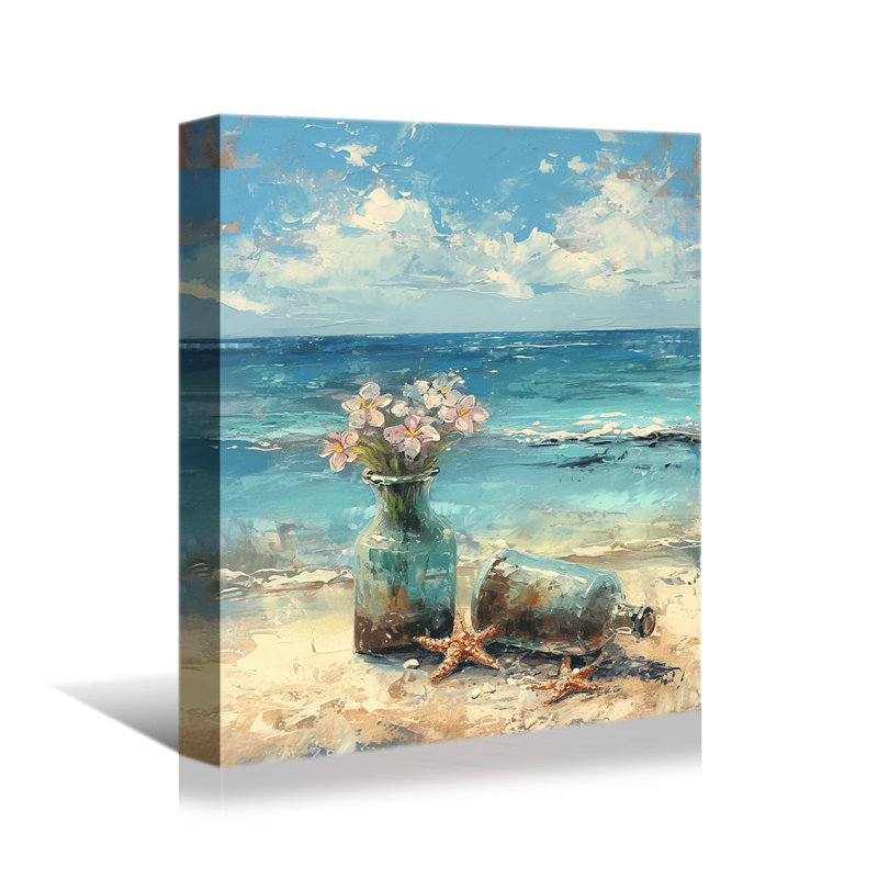 «Nautical Beach Still Life with Glass Bottles, Starfish and Flowers», art sur toile tendue, H 18 po x l 12 po