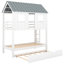 Lit simple superposé de style simple avec lit gigogne, toit et fenêtres, blanc et gris, assemblage facile pour une finition grise à la maison, cadre en pin sécuritaire