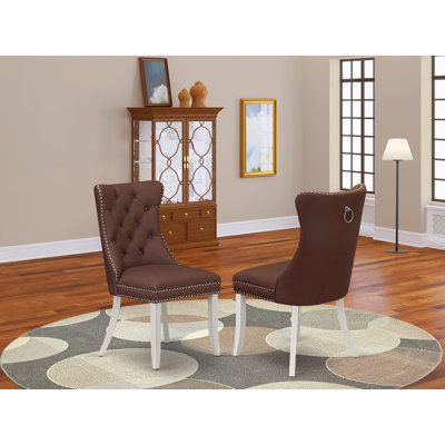 Dallas Parsons Dining Chairs - Button Tufted Nailhead Trim Burgundy Polyester Fabric Padded Chairs, Set of 2, Wirebrushed Bright Linen white