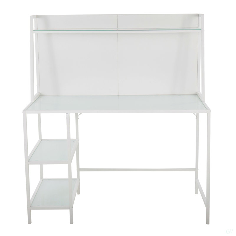 Bureau contemporain Geo Tier en métal blanc et verre givré, Givré / blanc