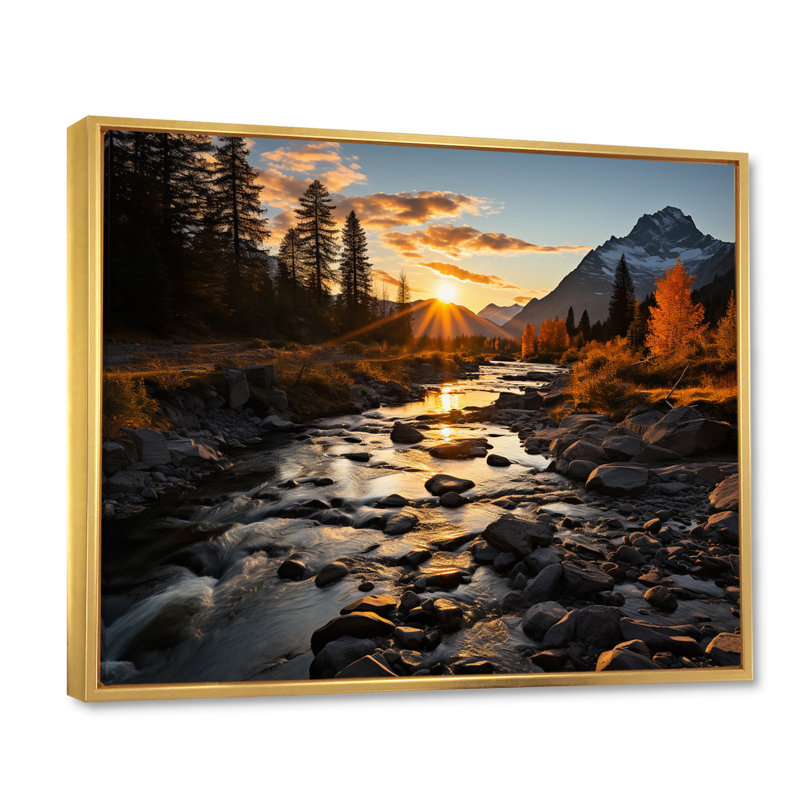 Lakehouse Charm Mountain Creek avec roches coucher de soleil sur toile, H 34 po x l 44 po x P 1,5 po, Cadre flottant doré