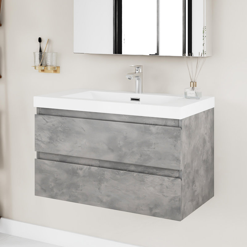 Armoire de salle de bain murale simple de couleur gris pierre 36 po | Bassin en résine intégré | Tiroirs à double couche | Rail silencieux à fermeture en douceur