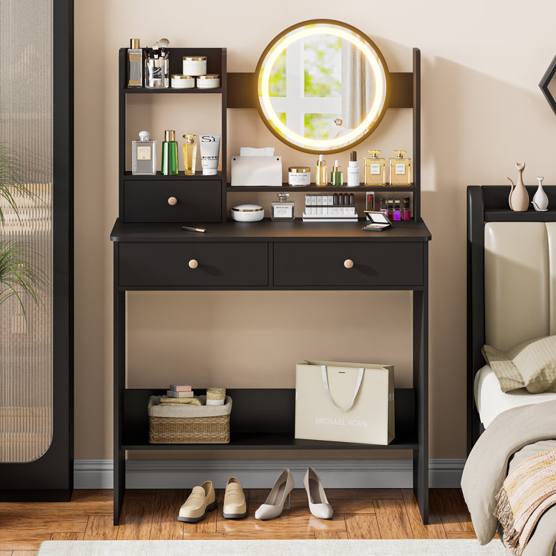 Bureau de meuble-lavabo avec miroir lumineux à DEL, bureau de maquillage avec 3 tiroirs et tablettes de rangement, 3 modes de couleur, coiffeuse pour chambre à coucher, noir