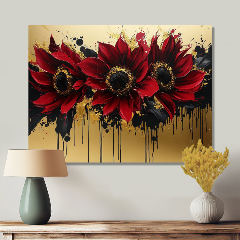 «Vibrant Fiery Garden of Absract Sunflowers II» - art mural tournesols, H 30 po x l 40 po, Toile tendue, Ne s’applique pas