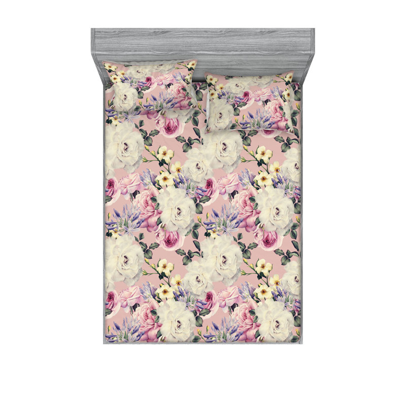 Drap-housse et taies décoratives 3 pièces Ambesonne, Ivoire / motif floral rose pastel