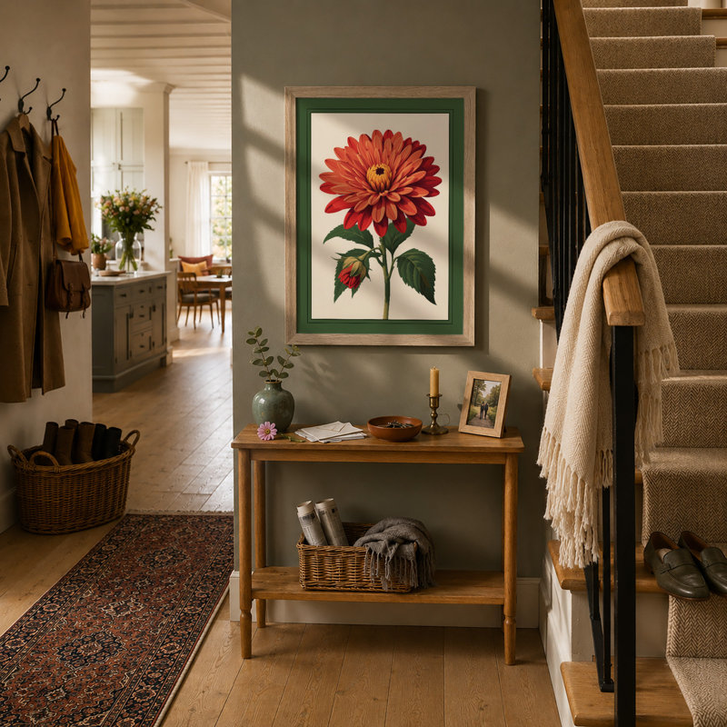 Red Dahlia Study Botanical - Print, Oak, A4 - 29.7 x 21.0 cm