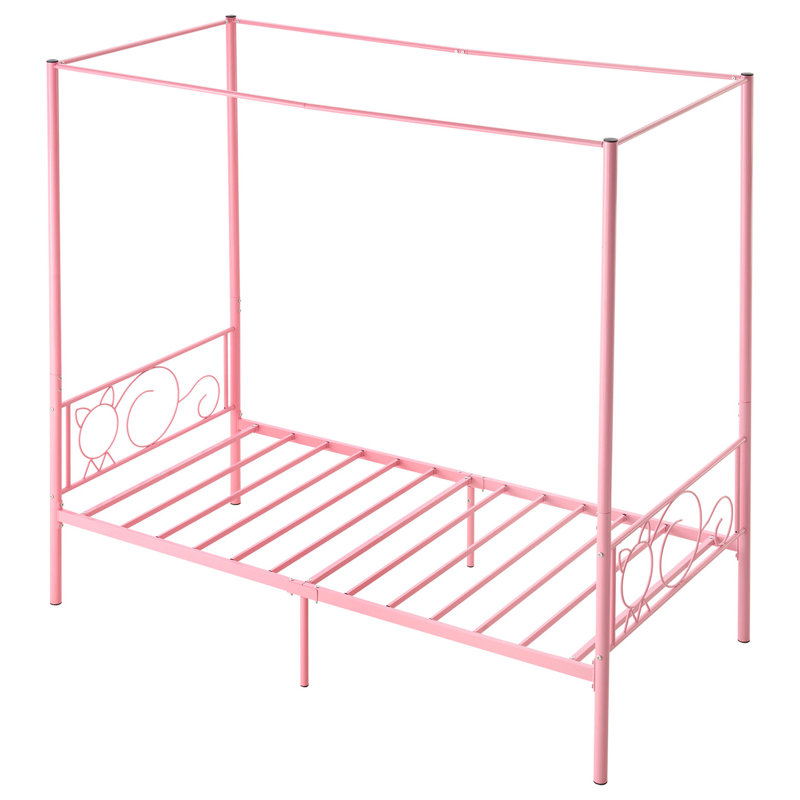 Structure de lit simple à baldaquin en métal, couleur rose, matériau en acier, tête de lit, conception à quatre colonnes, rangement inférieur, joints silencieux, affiches à assemblage simple, rembourrage stable pour le bruit, configuration