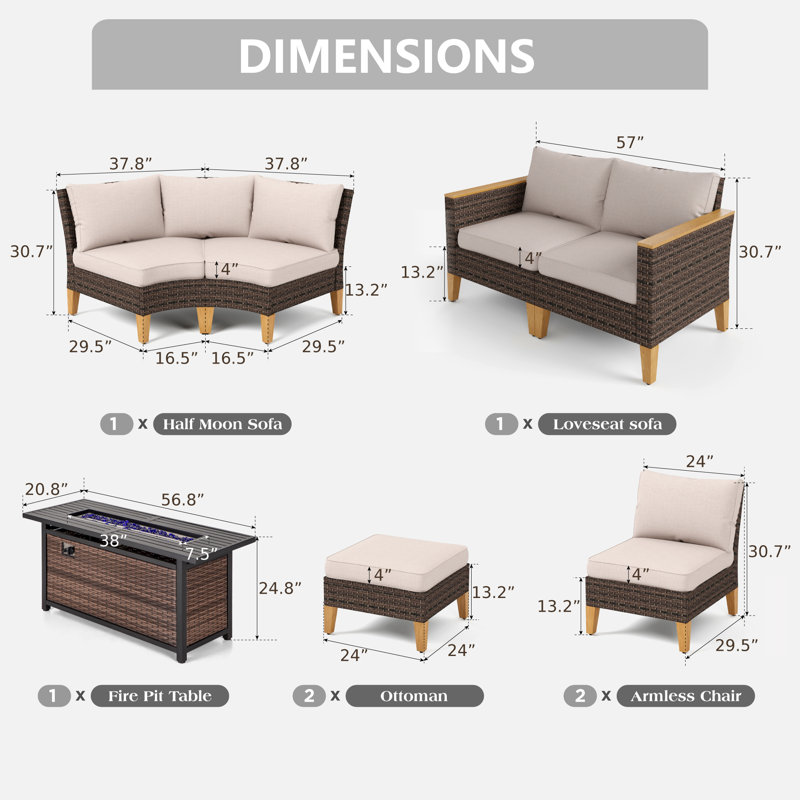 Salem Wicker Outdoor Patio Conversation Furniture Sectional Set with Fire Pit Table, Beige, Yes