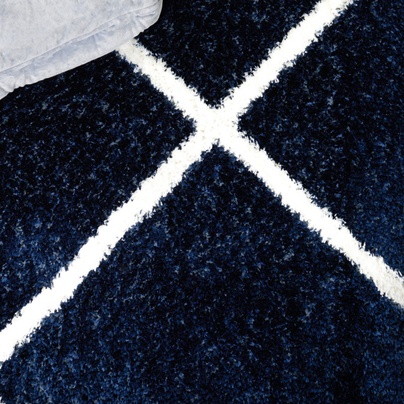 Tapis bleu marine / blanc à motif géométrique, Rectangle 8 pi x 10 pi