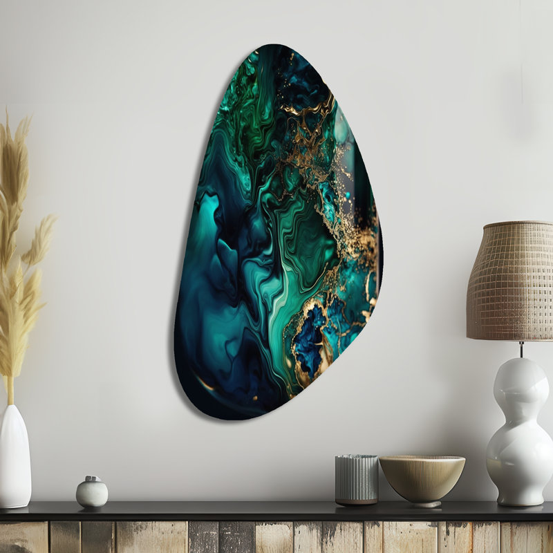 Géode abstraite marbre vert et bleu II - impression asymétrique en marbre sur métal, décoration murale moderne de forme unique en métal