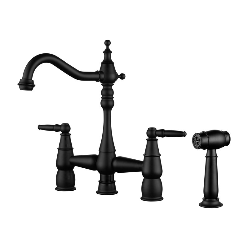 Double Handle Bridge Centerset Faucet with Side Sprayer for Kitchen Sinks, Matte Black