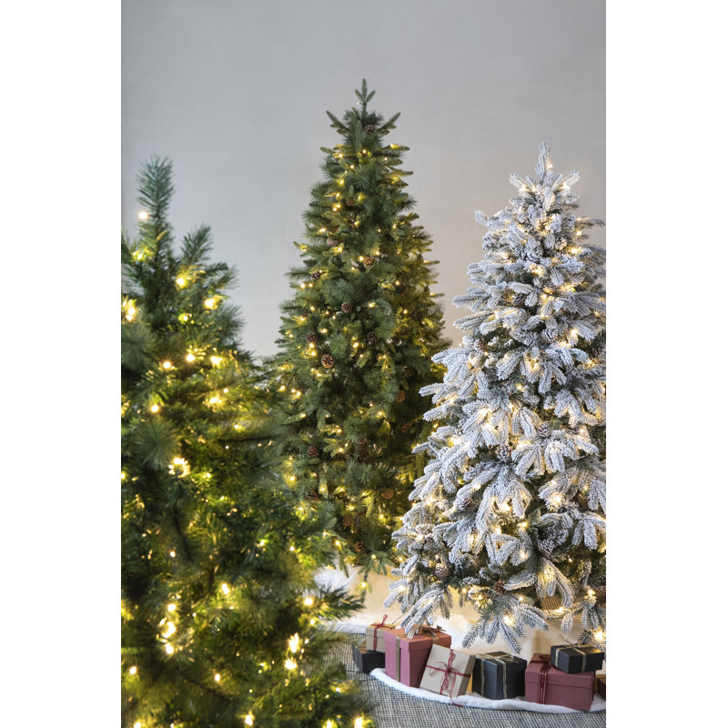 7-Foot White Pre-Lit Pine Christmas Tree with Faux Pinecones