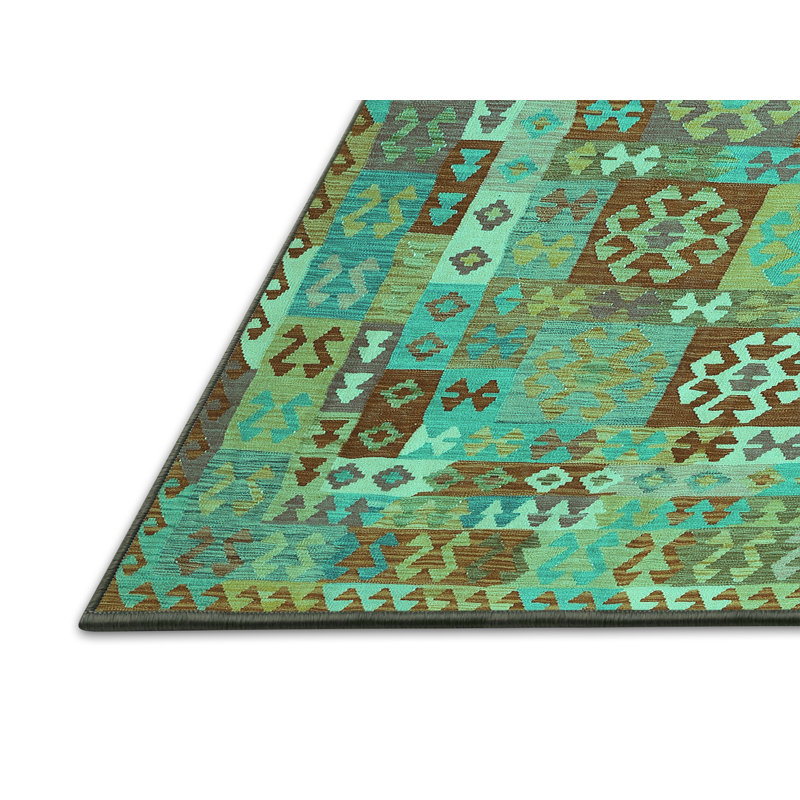 Tapis bleu sarcelle abstrait en laine / polyester abstrait tissé à la machine 5 pi x 7 pi