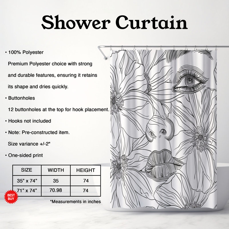 Rideaux de douche standard 1 pièce Simple Floral Face, H 74 po x l 35 po