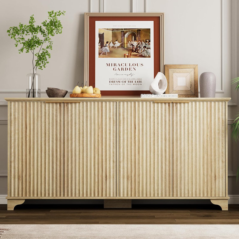 Lark Manor™ 61" Large Buffet Sideboard Cabinet With 4 Fluted Doors And Storage, Modern Kitchen Storage Cabinet With Adjustable Shelves, Farmhouse Coffee Bar Cabinet For Kitchen, Living Room