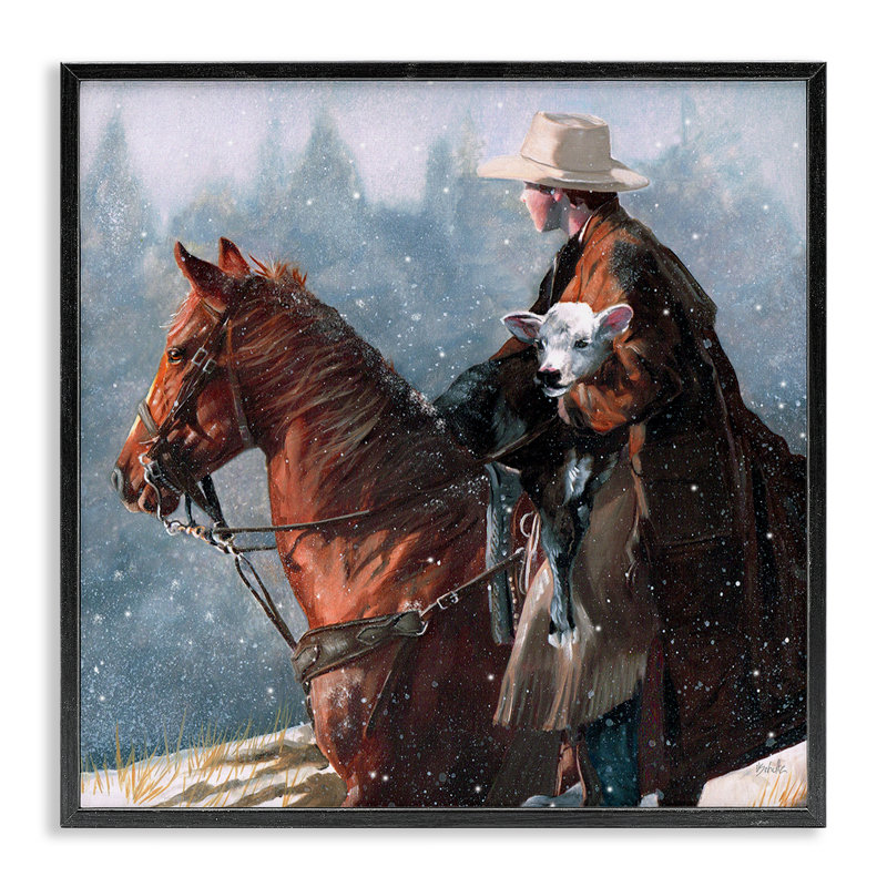 Cowboy Snow Scene White Framed Giclee Art by Victoria Schultz, 12" H x 12" W, Midnight Black Framed Giclee