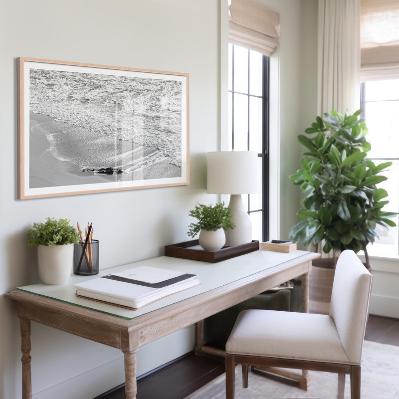 Black And White Shoreline Print by Carly Tabak, 25" W x 18" H, Natural Wood