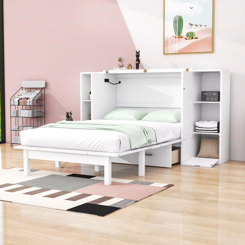 Lit avec rangement Donel Murphy avec tiroirs, tablettes et ports USB, Blanc