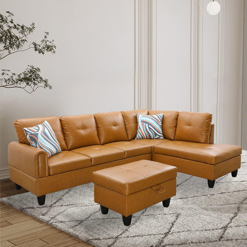 3-Piece Faux Leather Sectional Sofa, Ginger Faux Leather