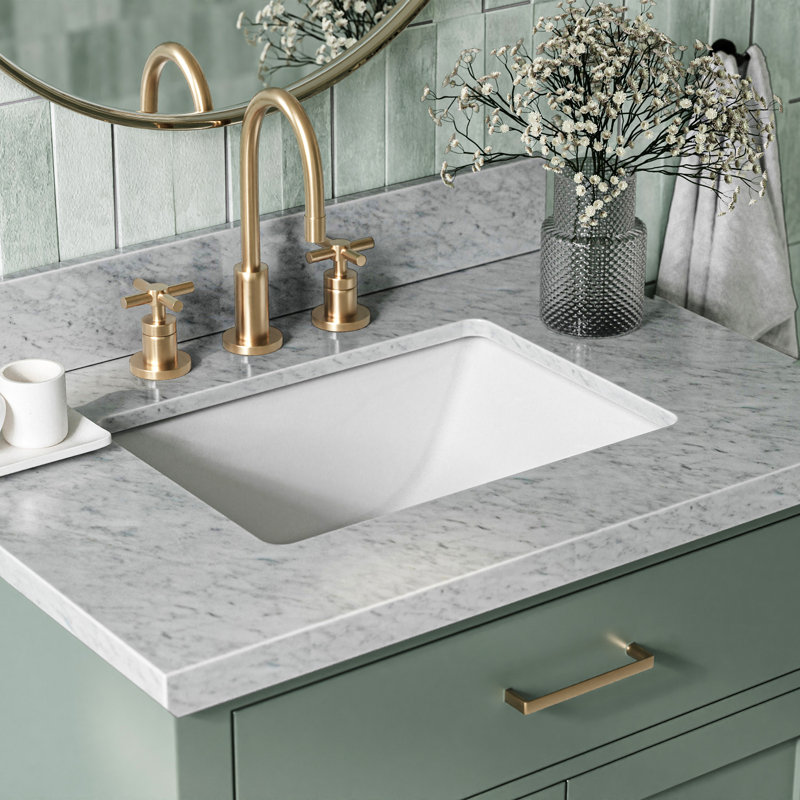 Meuble-lavabo simple en bois massif 30 po avec plateau en marbre Carrara de 1,5 po Kate, Forme rectangulaire