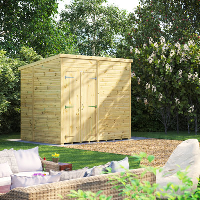 Powersheds Premium Pressure Treated Timber Windowless Pent Garden Shed, Double Doors