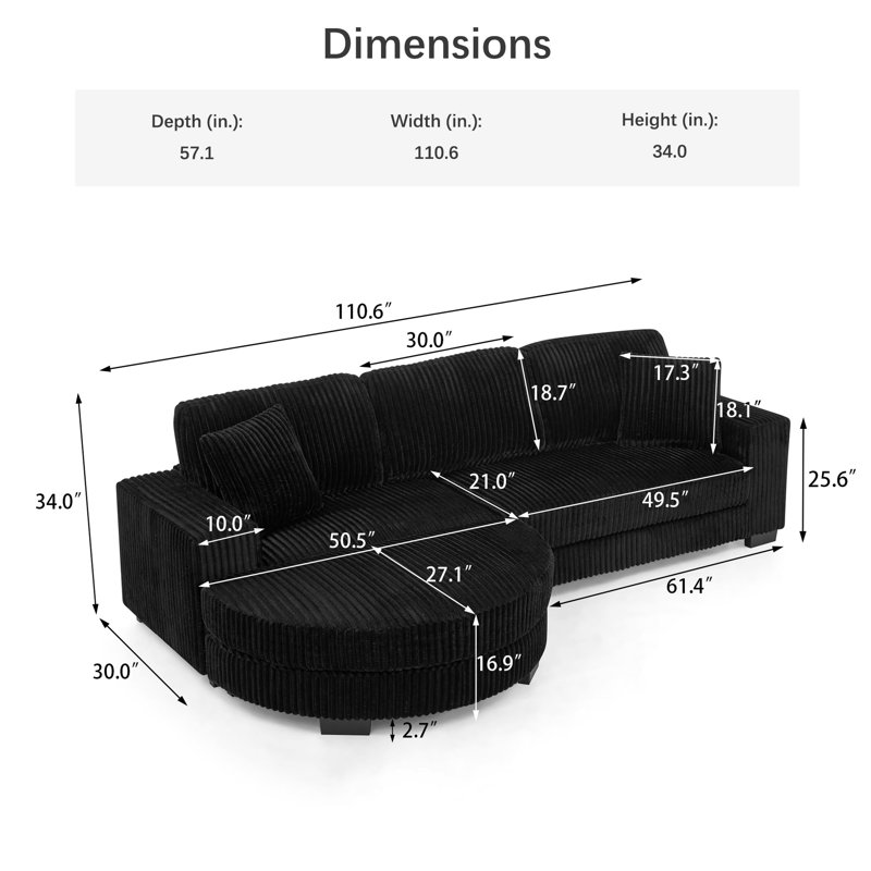 Corduroy L-Shaped Modular Sofa Set, Rectangular 3-Seater With Semi-Round Movable Ottoman, Unique Arc & Square Design