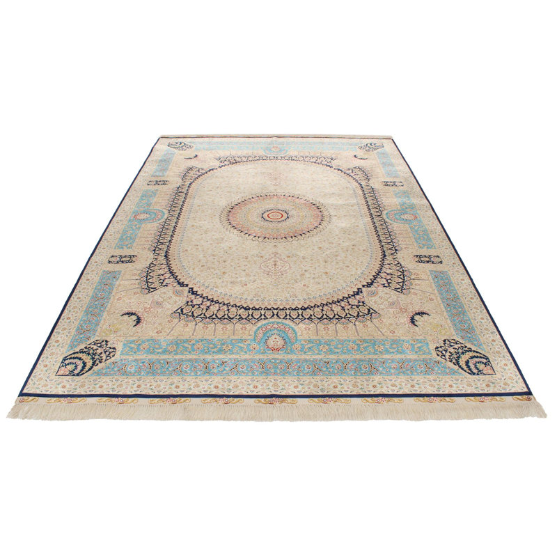 6x9 Ivory and Blue Turkish Silk Rug