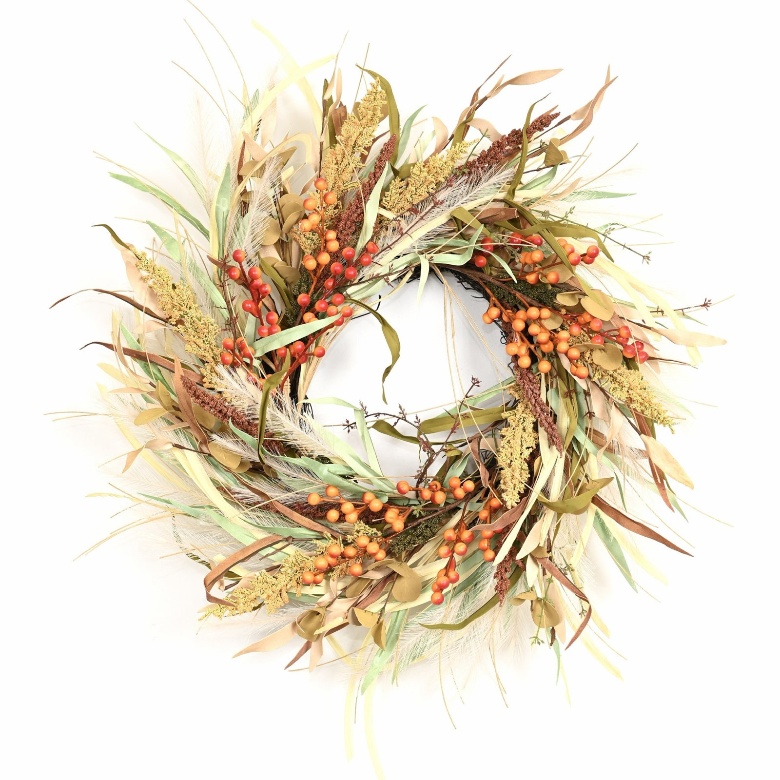 24" Artificial Boho Autumn Harvest Mixed Dried Grass Berry Pampas Grass Fall Front Door Wreath Thanksgiving Decor