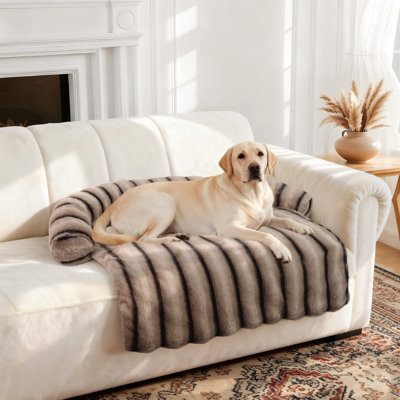 Cuddly Striped Couch For Pets - Protector Dog Bed, Faux Fur Couch Cover Dog Sleeping Mat