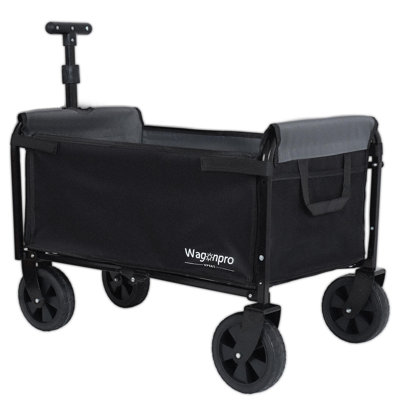 All-In-One Convertible Folding Camping Wagon Cart: Bench Seat, Storage Compartment & Included Dog Tether, Black/Grey