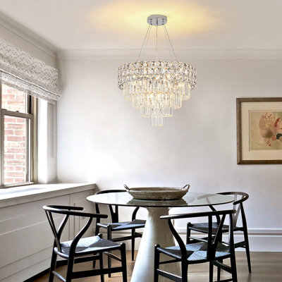 Crystal Chandelier Pendant Light, Adjustable Height for Sloped Ceilings, 3-Color Switchable, Chrome Finish, 11 Lights E12/E14, Modern Ceiling Fixture for Dining Room/Living Room
