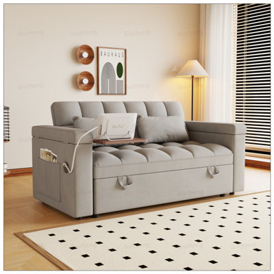 Canapé-lit 3-en-1 pliable de grande taille avec table, USB et accoudoirs de rangement, dossier réglable pour le salon