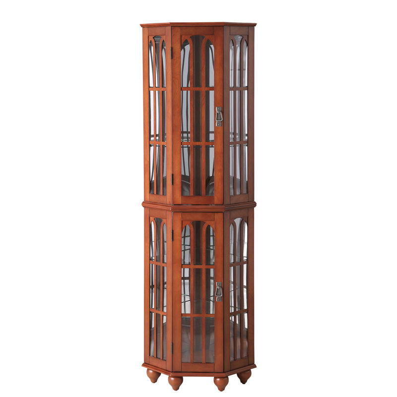 Walnut Corner Curio Cabinet With Acrylic Mirrored Back Panel And 4 Adjustable Tempered Glass Shelves 70"H, Walnut