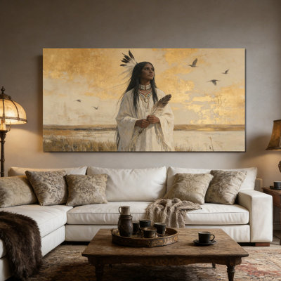 Large Native American Canvas Wall Art, Indian Decor Feather Painting, Canvas Wrapped Framed Poster Print, American Indian Wall Artwork Picture for Living Room Office Gallery, 28×58 Inches