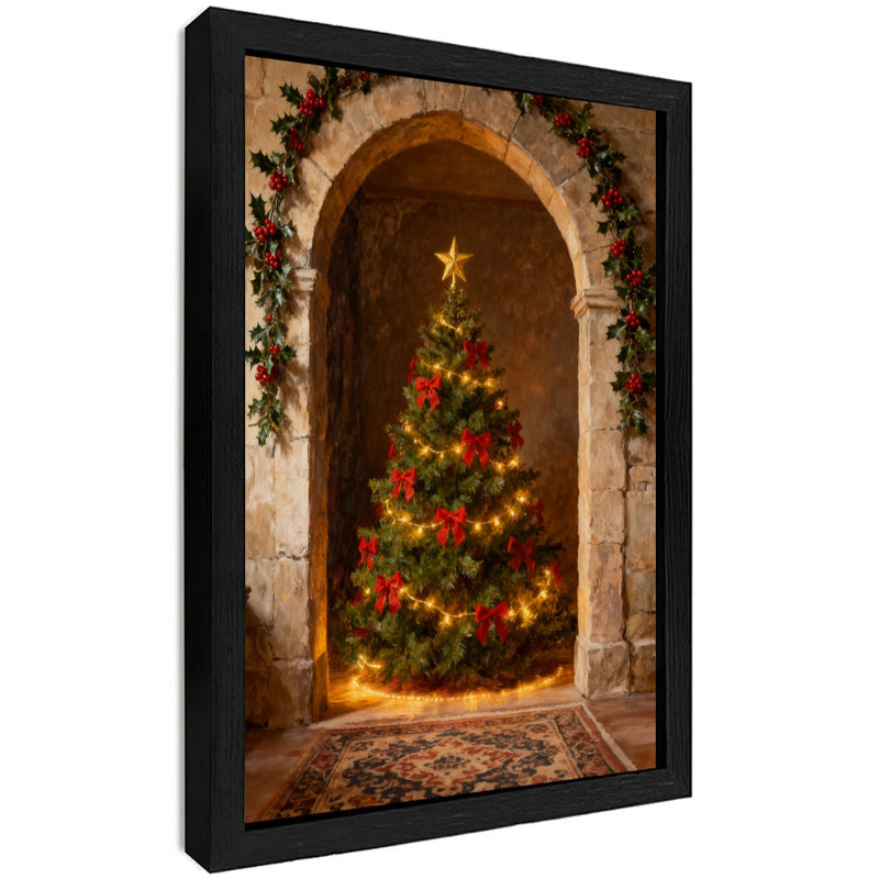 Reproduction d'art encadré noir rétro avec arbre de Noël brillant, H 17 po x l 13 po