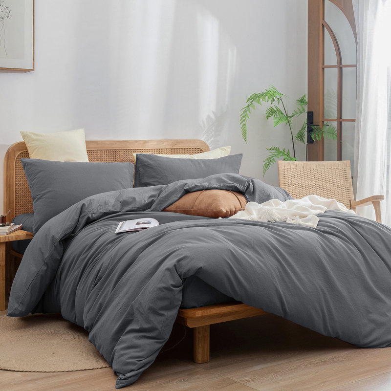 BESTOUCH Duvet Cover Set 100% Washed Cotton Linen Feel Lightweight, Queen Duvet Cover + 2 Standard Pillowcases