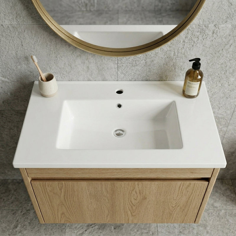 Comptoir de meuble-lavabo en céramique 30 po avec trou unique, vasque de salle de bain rectangulaire rectangulaire, blanc brillant
