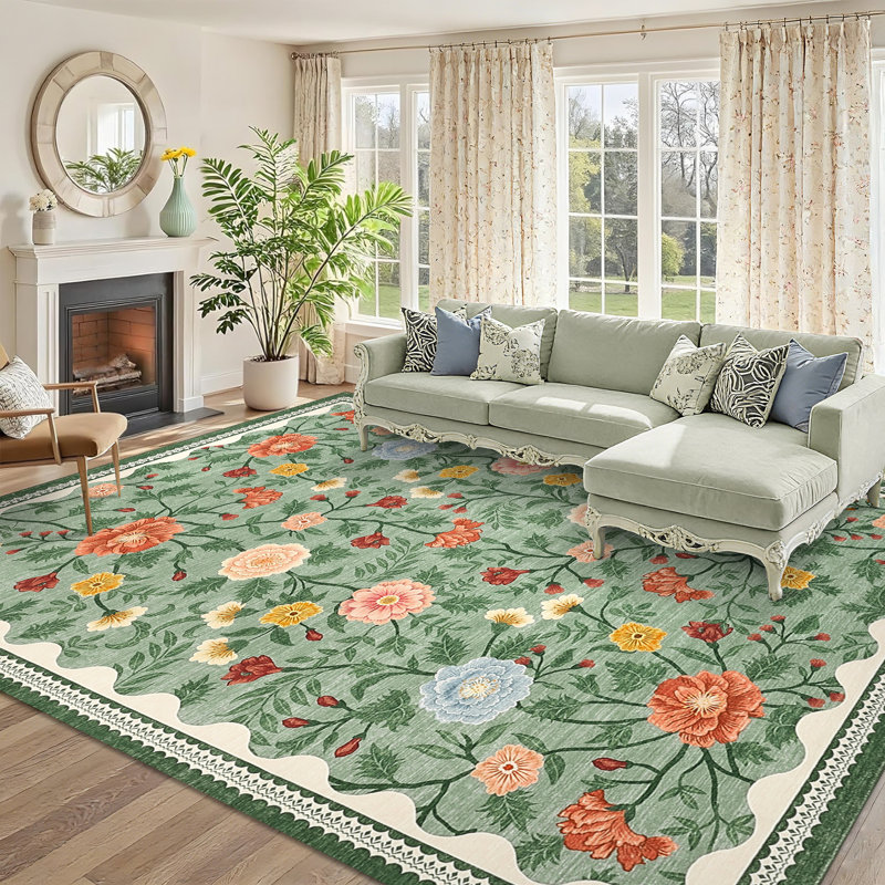 9x12 Area Rugs for Living Room Non Slip Farmhouse Floral Print Accent Carpet Non Shedding Low Pile Ultra Soft Flower Indoor Floor Carpet for Girls Room, Bedroom, Nursery, Green