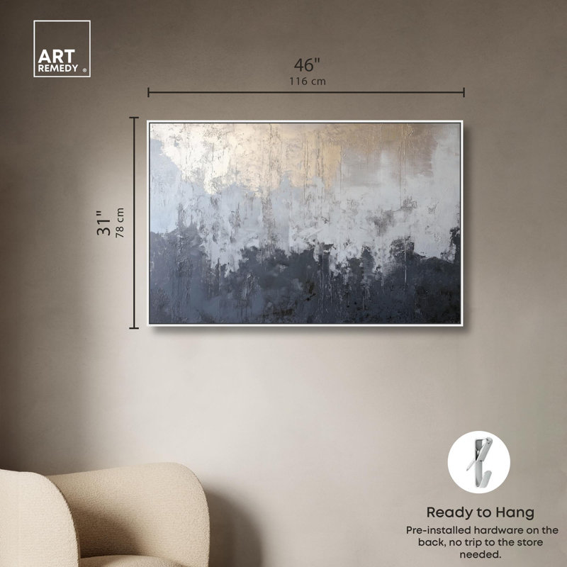 «Silvered Layers», art abstrait bleu par Art Remedy, Cadre blanc, H 31 po x l 46 po