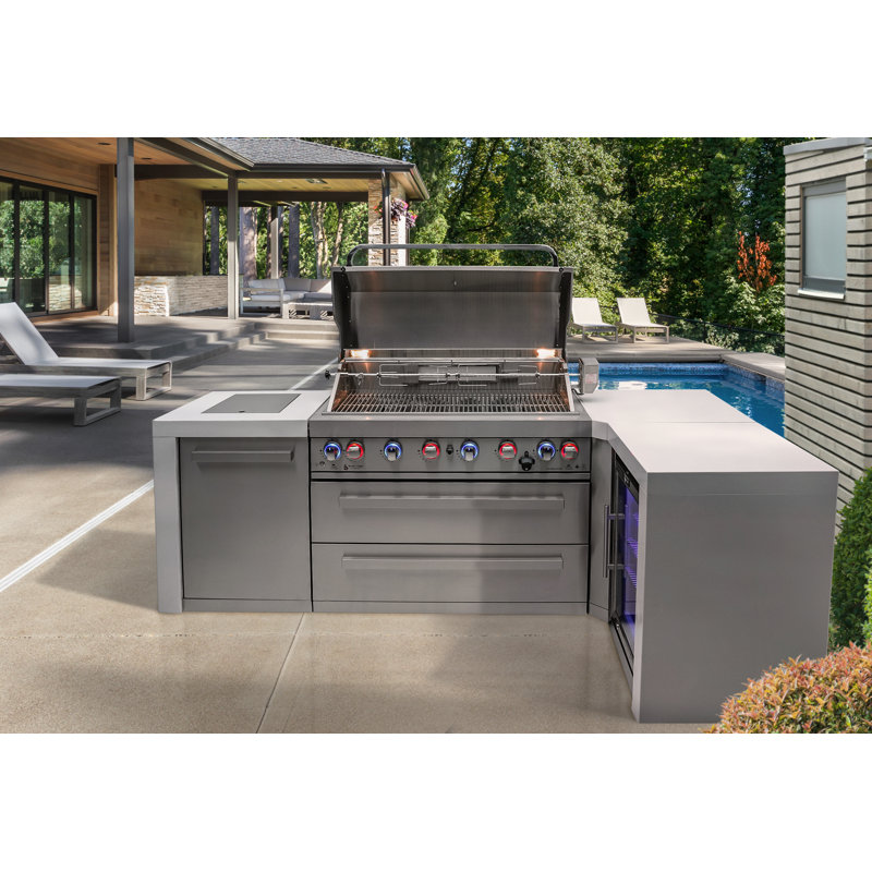 Îlot de cuisine d'extérieur en forme de L de luxe en acier inoxydable en L de 94 po x P 50 po x H 46 po Mont Monti avec barbecue et barbecue à 6 brûleurs de 44 po + brûleur latéral + comptoirs en granite + armoires de rangement + couvercle + convertible au gaz naturel + Garantie à vie