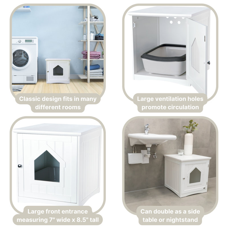 White Wooden Cat Litter Box Enclosure with Front Door