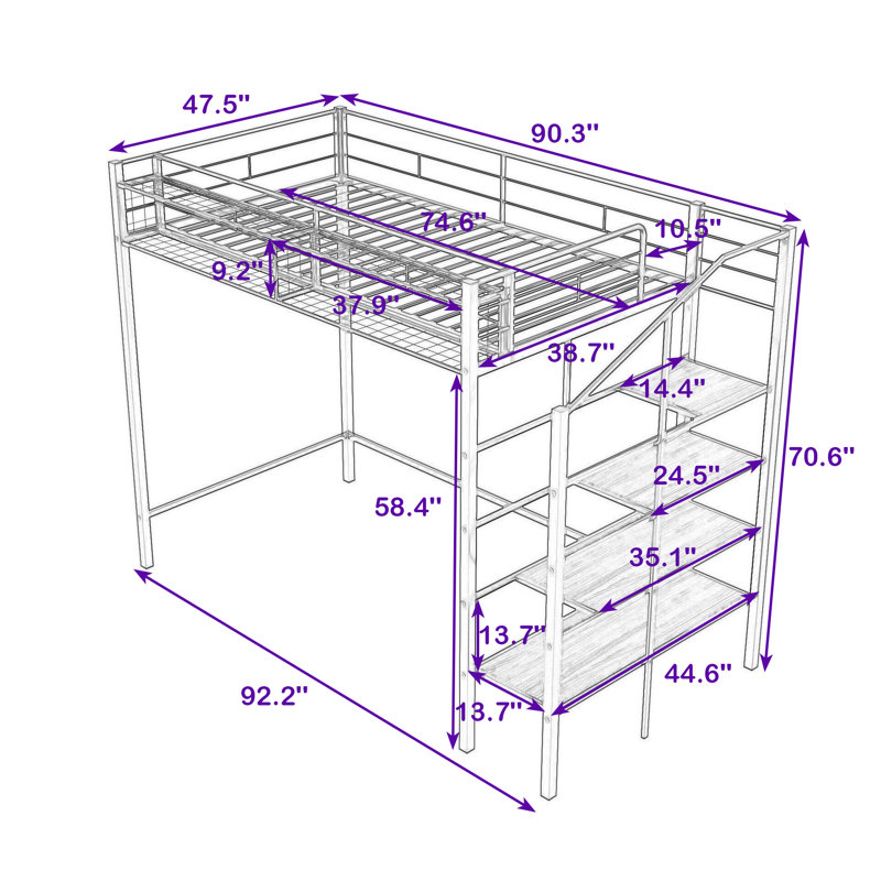 Lit mezzanine simple en métal avec escalier multifonctionnel et tablette de rangement supérieure, Blanc