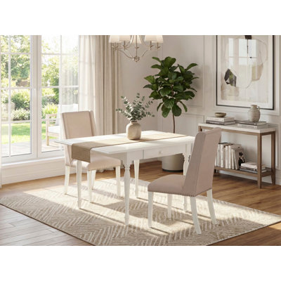 3 Piece Dining Set Contains a Rectangle Dining Room Table with Dropleaf and 2 Cream Linen Fabric Upholstered Chairs, Linen White