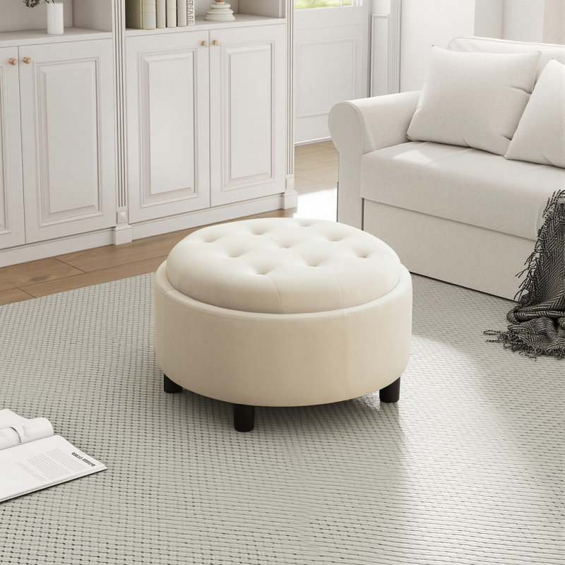 Repose-pieds rembourré rond avec couvercle réversible, Beige