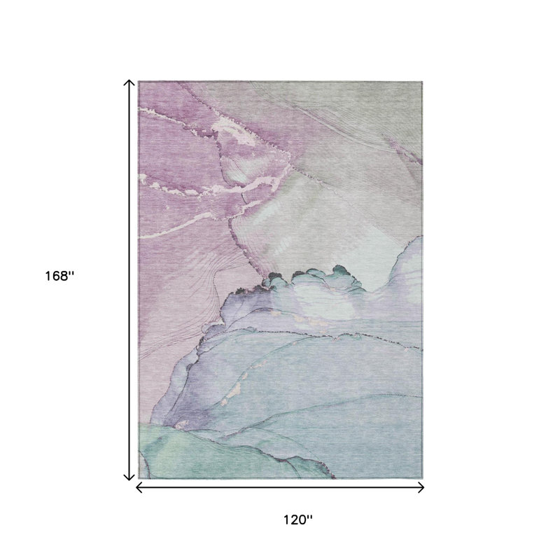 Tapis intérieur/extérieur lavable, 3 m x 4,2 m, motifs abstraits bleu pâle et lavande.