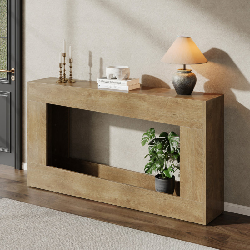 63" Long Wood Console Table With Storage Shelf For Entryway, Natural Wood