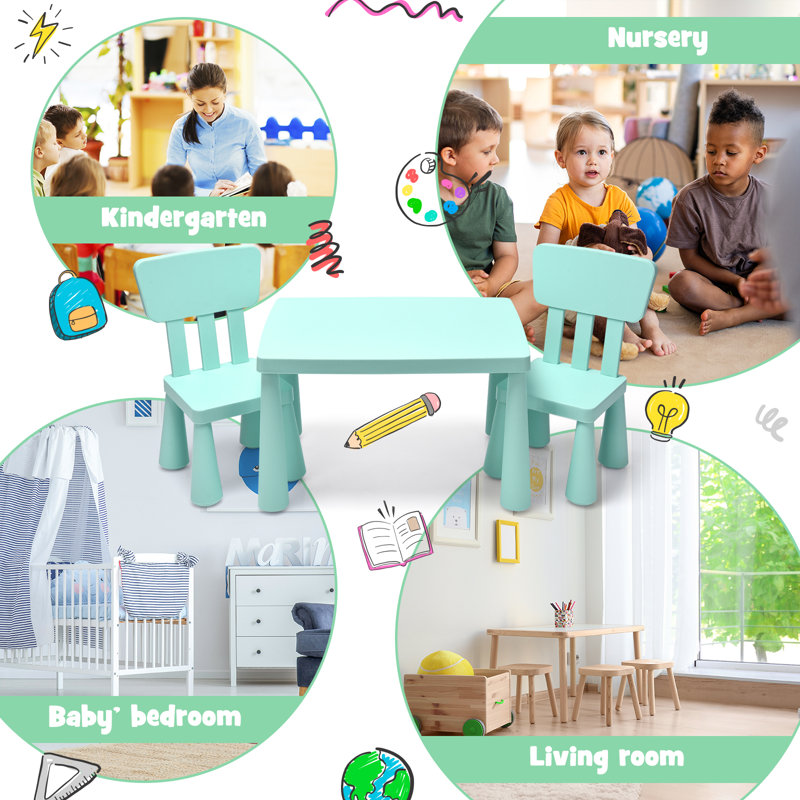 Lon Kids 3 Piece Rectangular Play Or Activity Table and Chair Set, Green
