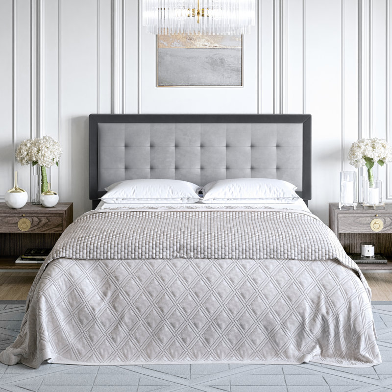 Upholstered Velvet Panel Headboard, Queen, Gray