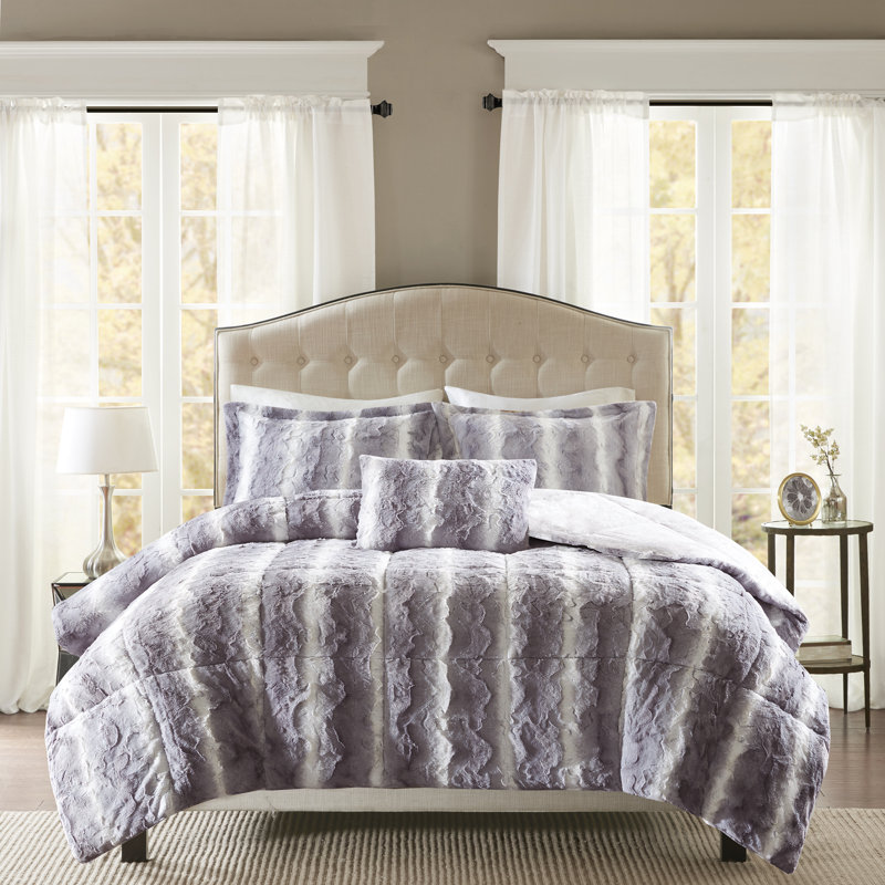 Ensemble d'édredon en fausse fourrure Zuri, Édredon très grand + 2 taies décoratives + 1 co, Gris